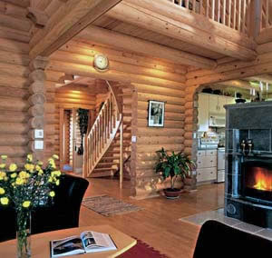 фото Видь внутри дома из оцилиндрованного бревна