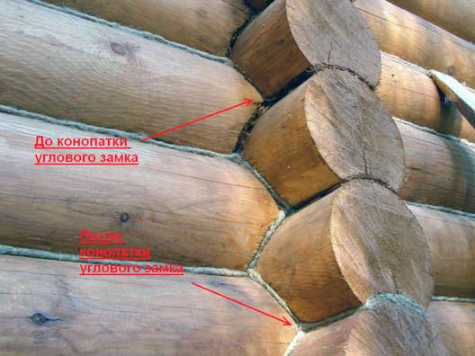 фото отличия проконопаченного участка бревна от не проконопаченного